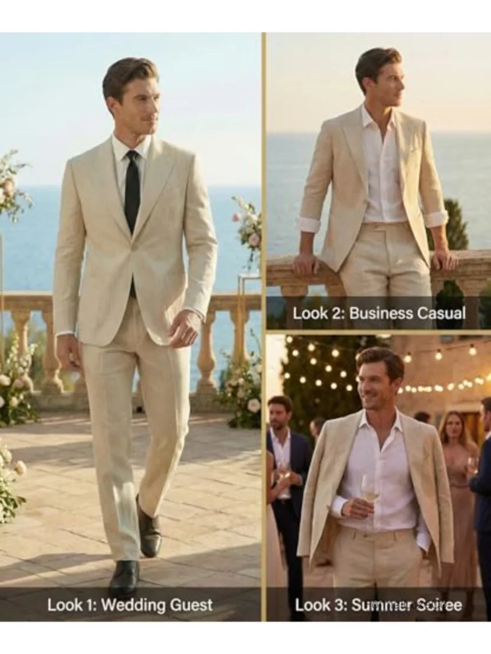 Men's Linen 2-Piece Suit Slim Fit Beach Wedding Tuxedo Groomsmen Blazer & Dress
